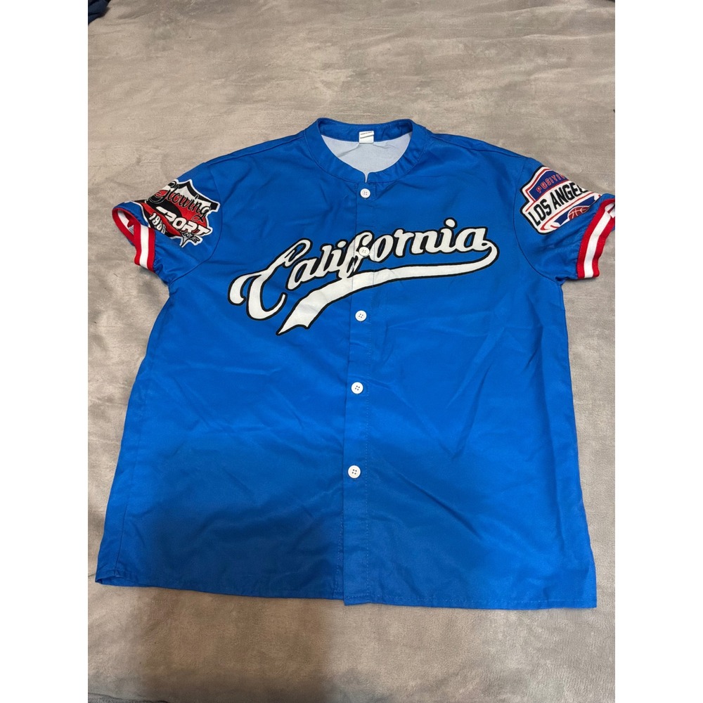 SHEIN Kids Blue California Baseball Jersey Los Angeles Graphic Button Up Sz 12Y